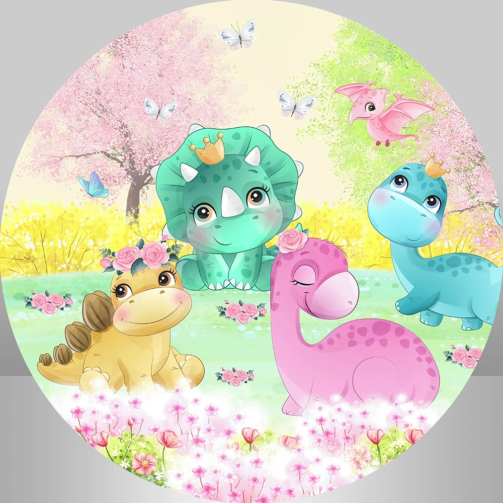 Fondo redondo de flores de primavera para bebé y niña, decoración de fiesta, cubierta de cilindro de mesa de pastel, Fondo de dinosaurio de dibujos animados