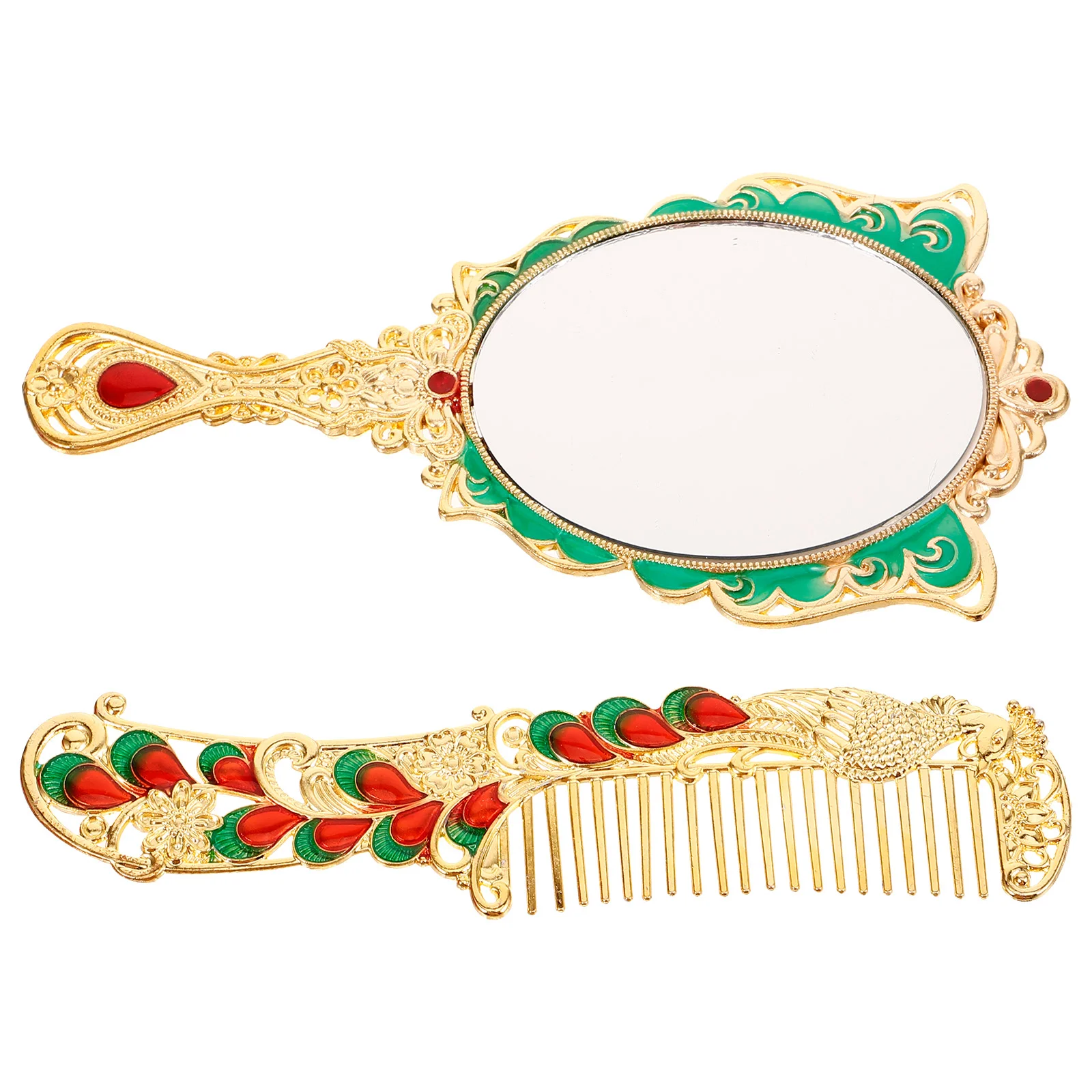 

2 Pcs Metal Handle Mirror Pocket Golden Vintage Travel Kits for Women Comb Makeup