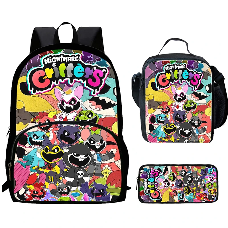 

3-Piece Set of Smiling Critters-Nightmare Patch Bag Meal Bag Pencil Bag Student School Bag Lunch Box Bag Stationery Box Set Fash