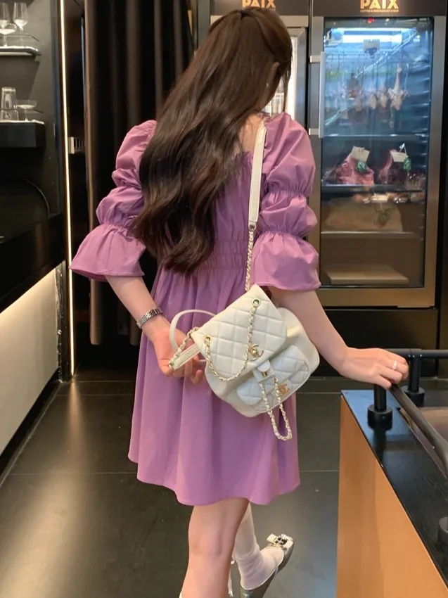 Chic Summer ort Dr One oulder Waist Cinching Bubble Sve Taro Mud Bubbles Peppy Sle Women's Knitwear Pure Color
