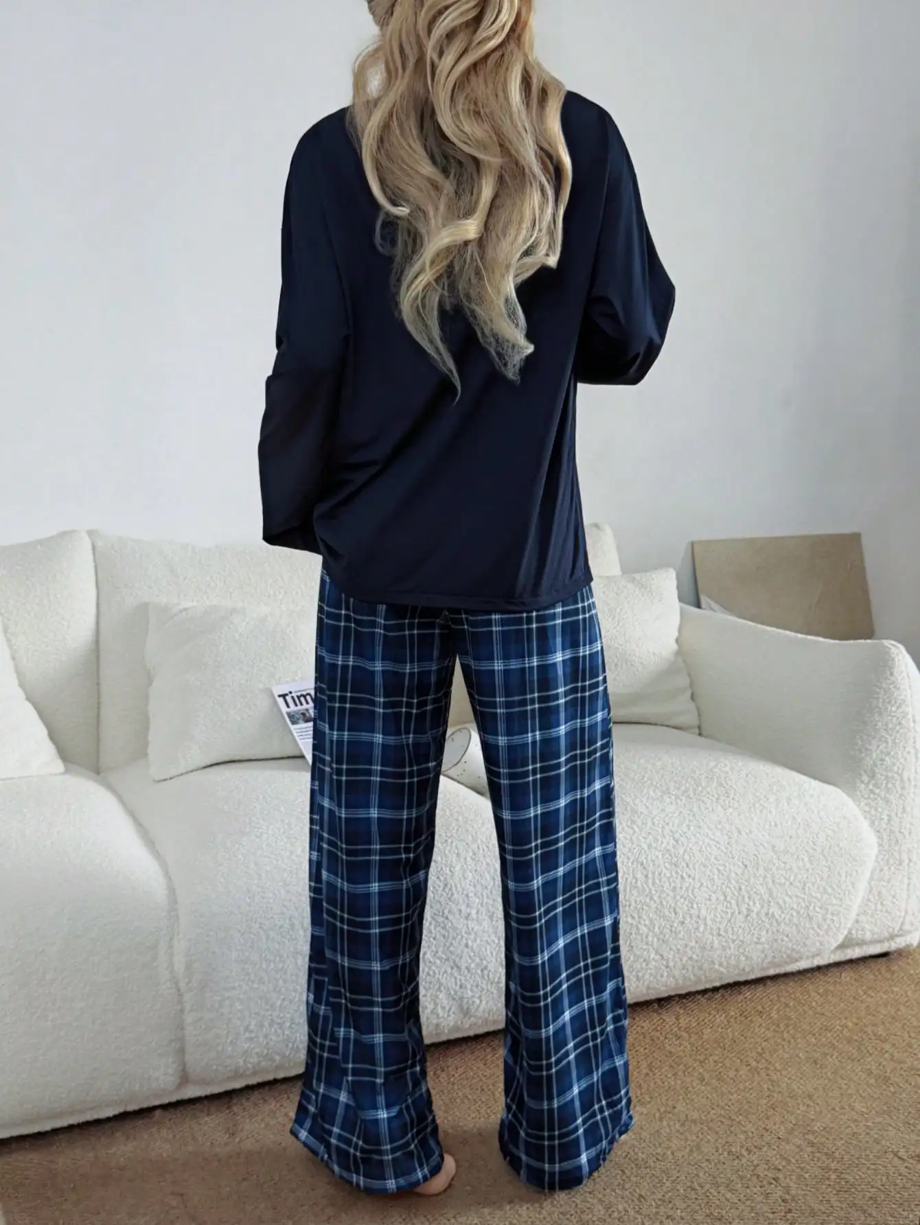 Dream Adore Women's Casual Loose Plaid Print Round Neck Pajama Set, Fall & Winter Clothes