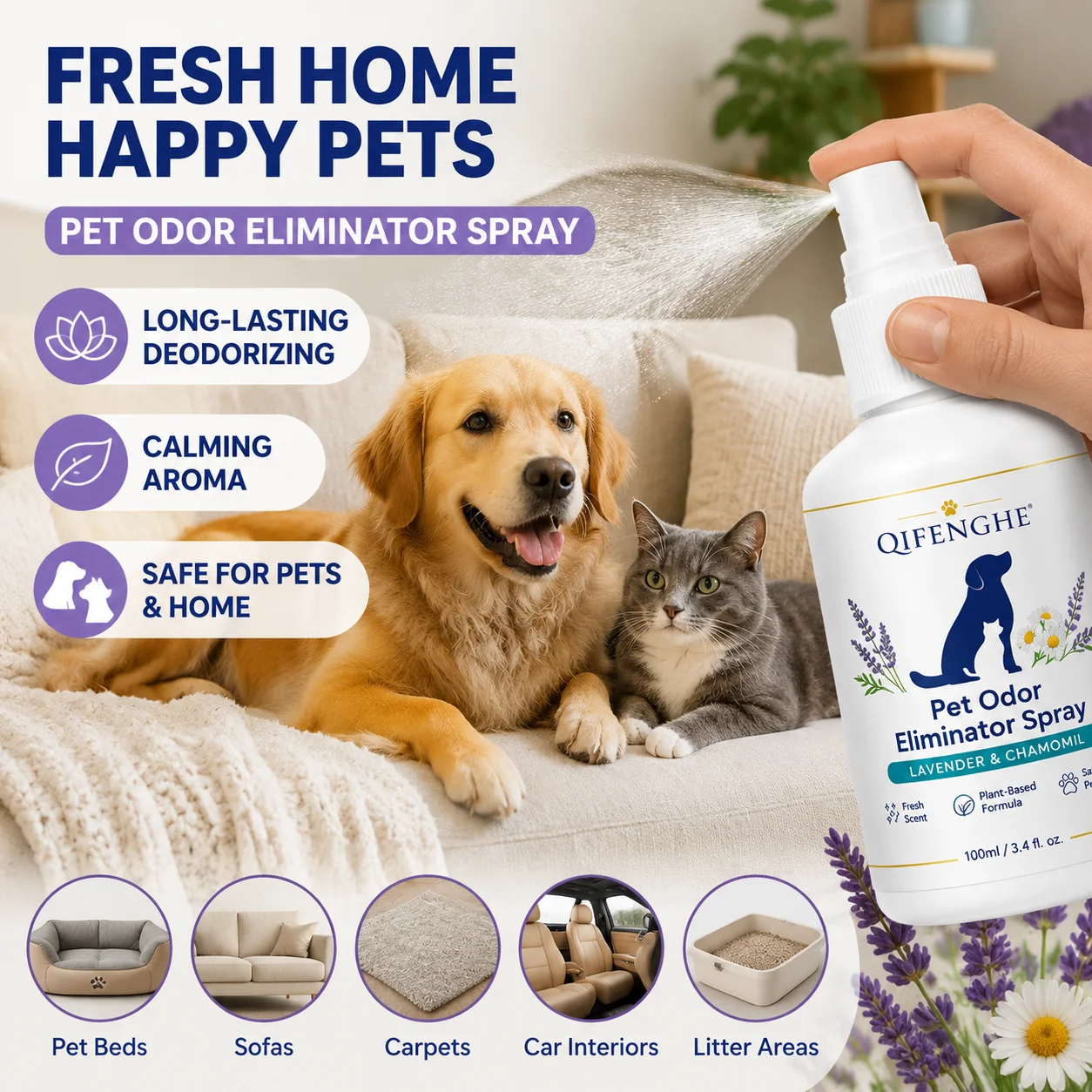 Pet Odor Eliminator Spray Neutralize Bad Smells Long‑Lasting Fresh Calming Scent Safe For Cats Dogs Home Use