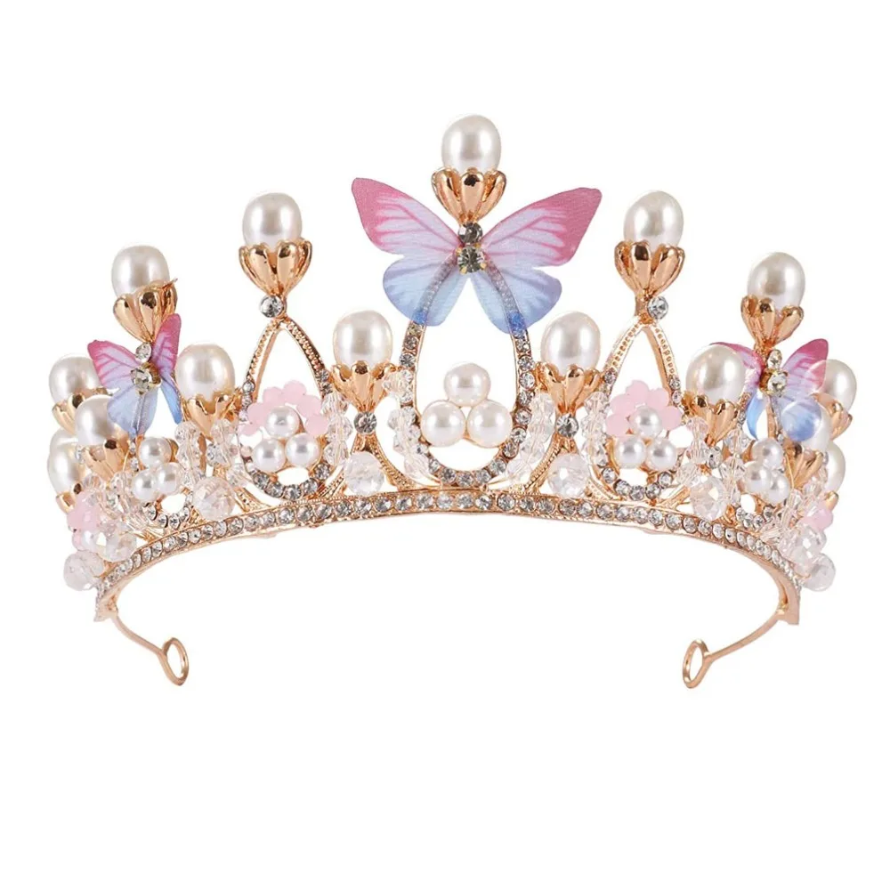 Handmade Princess Crown Pearl Decorated Rhinestone Pearl Headband Model Catwalk Butterfly Design Wedding Tiara Wedding Ceremony