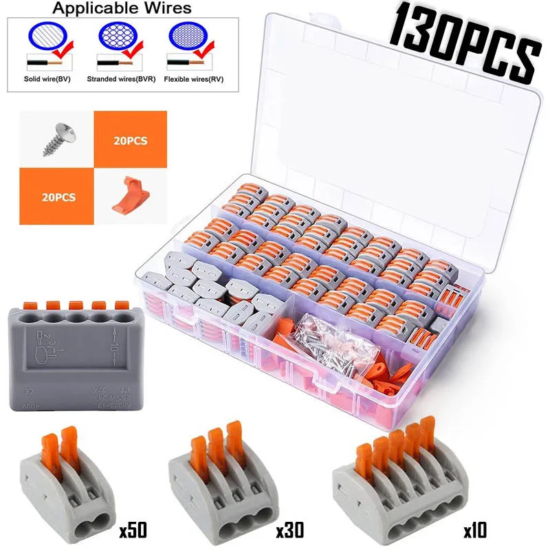 130PCS Lever Wiring Connector Fast Compact Splicing Electrical Connector Butt Terminal 1 to 1 Inline Wire Connector Connect 28-1