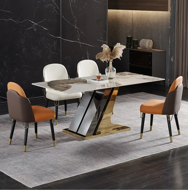 

^%Italian Luxury Dining Table Set High-End Stainless Steel Oval Dining Table with 6 Modern Marble Chairs for Home Furniture