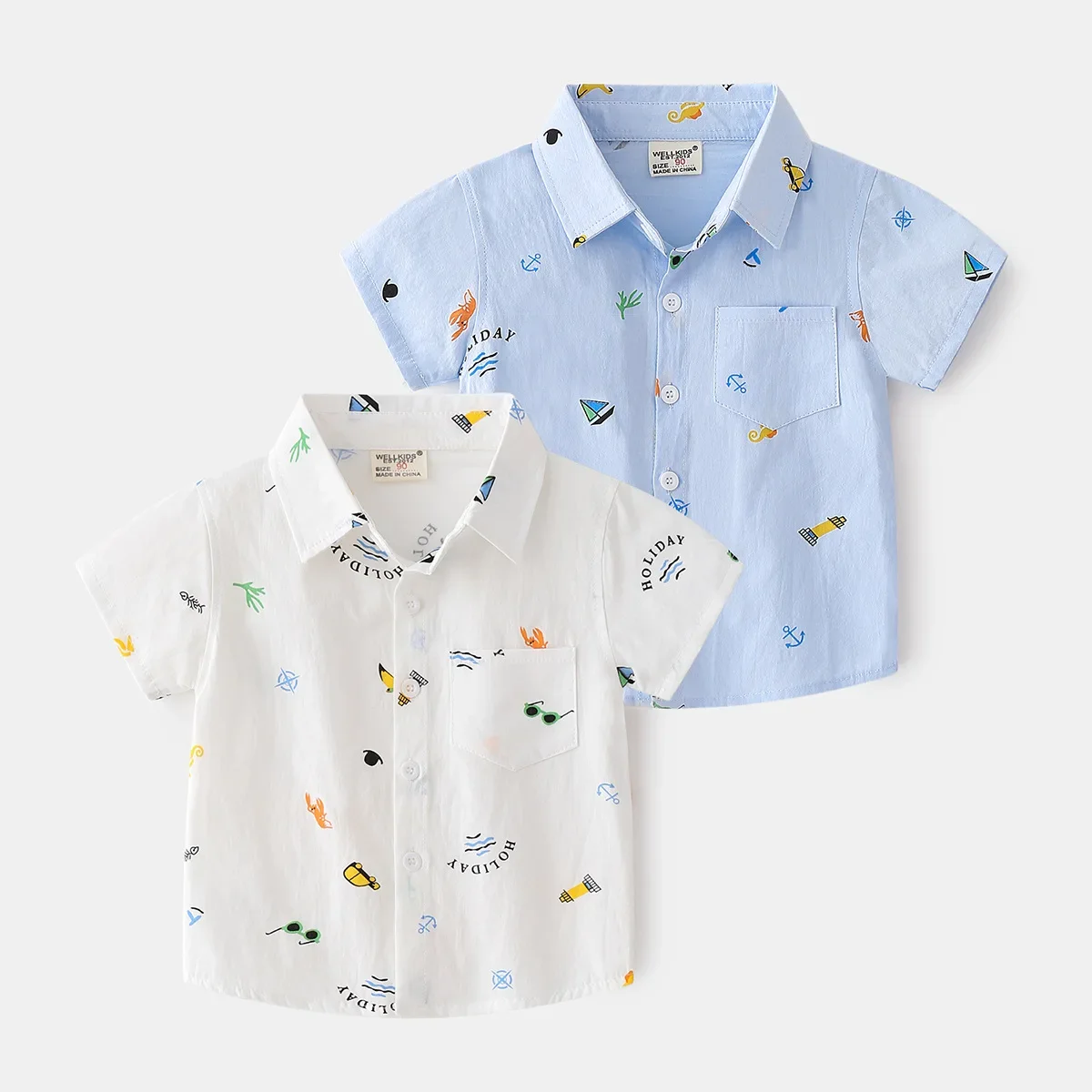 Children's Clothing Boys Short Sleeve Shirt 2024 Summer Trendy New Baby Cartoon Printed Shirt Medium Children's Foreign Style