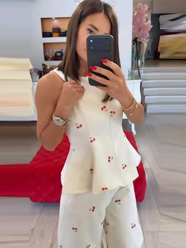 Damen-Hosenanzug 2-teilig Bedruckt O-Ausschnitt Ärmellos Rüschen Slim-Fit Oberteil mit Gebogenen Hosenbeinen Schicke Büro-Damen-Outfits Neu – Detail 11