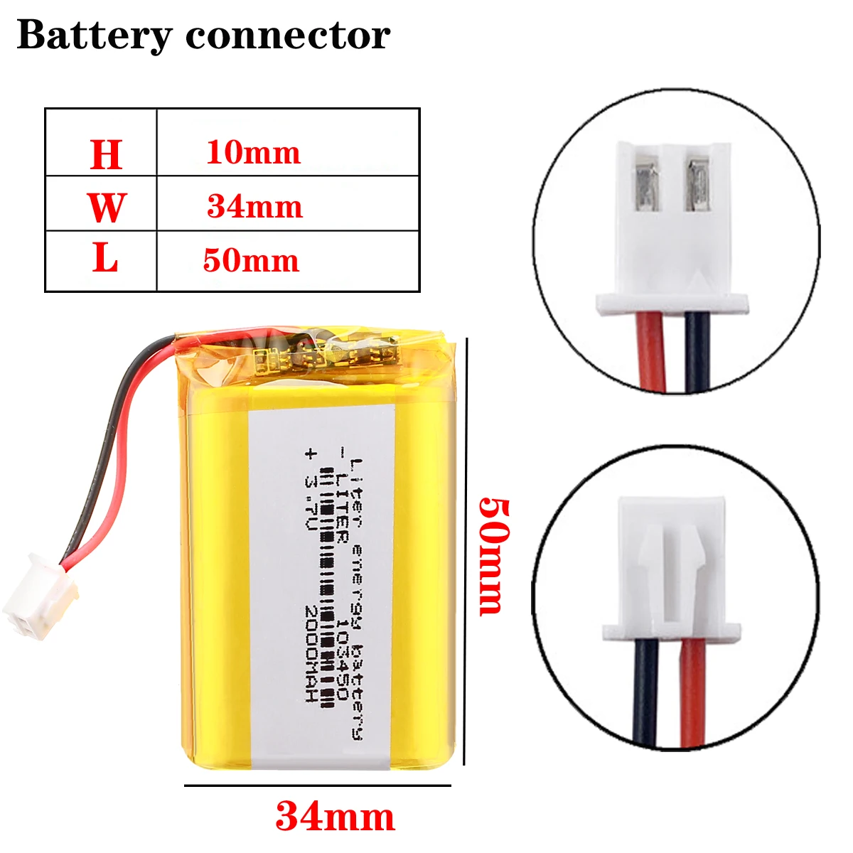 103450 3.7V 2000mAh Polymer Lithium Rechargeable Battery jst PH 2.5mm 2pin plug for Camera GPS navigator MP5 Bluetooth Headset