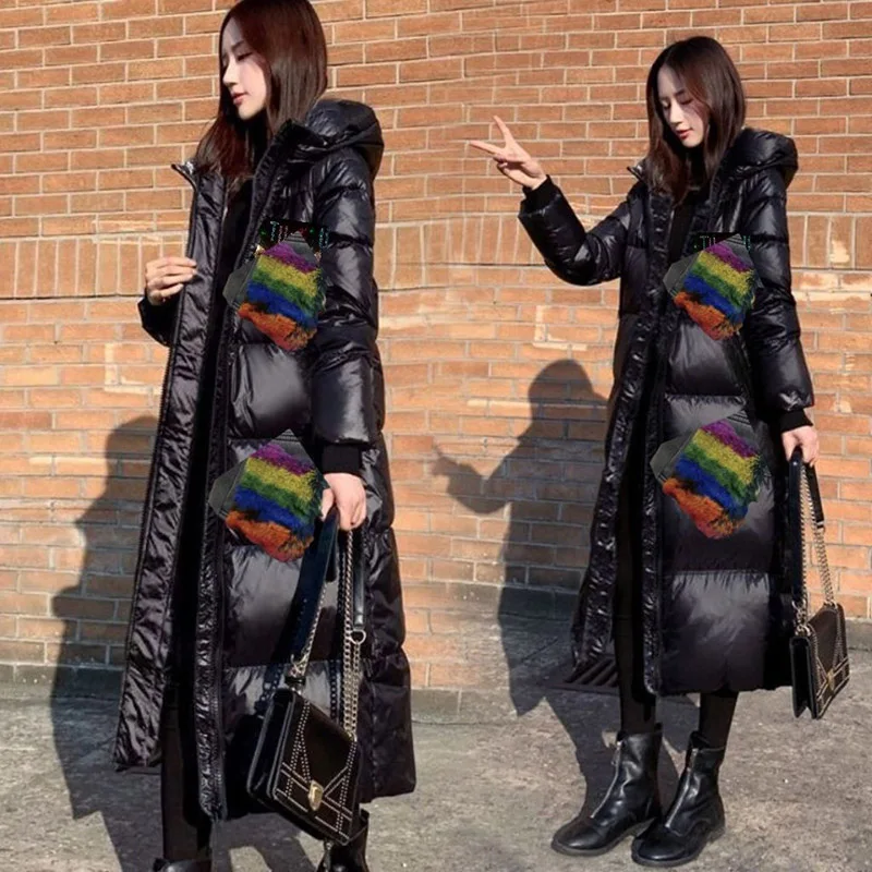 

Длинный пуховик, черная блестящая корейская версия, зимняя новая универсальная куртка выше колена, свободная и теплая толстая хлопковая куртка