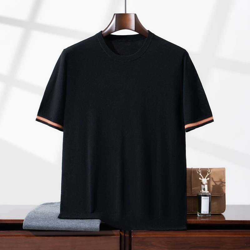 Men'S 100% Fine Wool Crew Neck Short Sleeve Summer New Style Mid-Age Business Casual Color Block Pullover T-Shirt Men'S Clothing