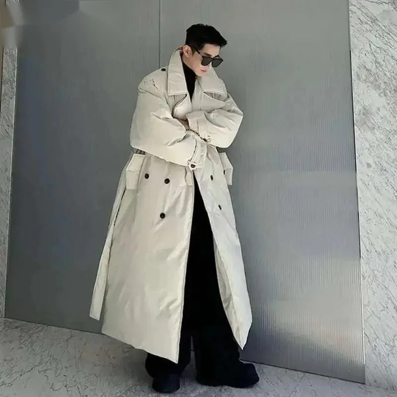 Winter Oversize Silhouette Thickened Double Breasted Long Cotton Coat Solid Color Male Tops Solid Color Casual CFD45