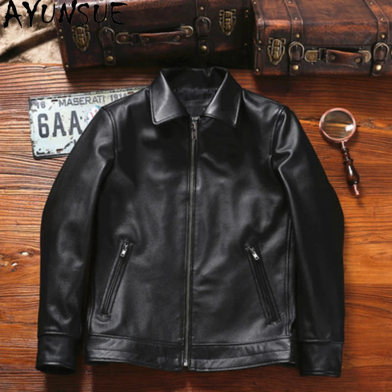 AYUNSUE Autumn Leather Jacket Men Clothing Cowhide Motorcycle Jackets Large Casual Coats Short Style Jaquetas Masculina De Couro