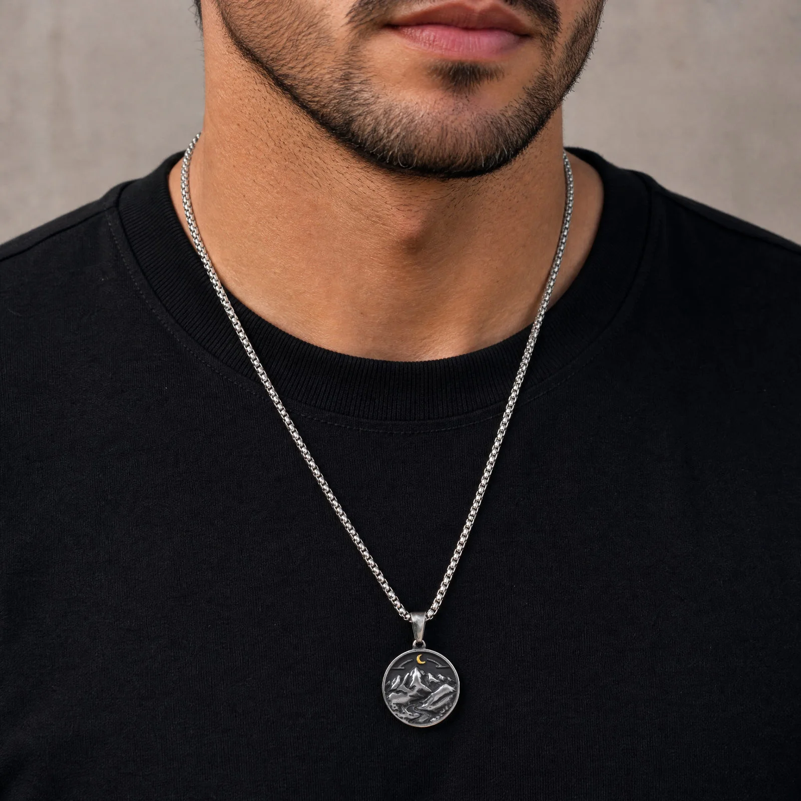 Vnox Men Stainless Steel Mountain River Moon Pendant Necklace Vintage Relief Round Coin Box Chain Outdoor Adventure Jewelry Gift