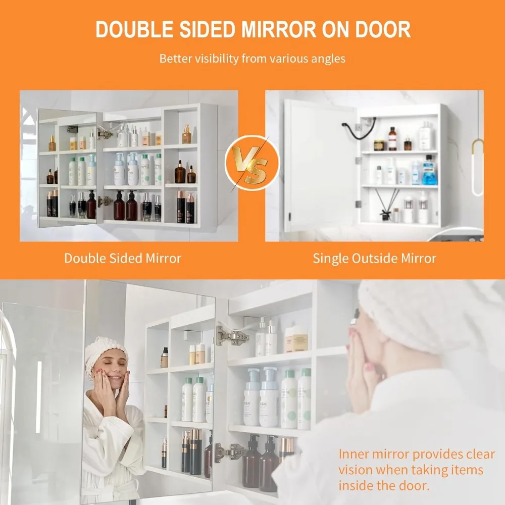 Medicine Cabinet Defogging Mirror, LED Bathroom Wall Cabinet Double Sided Mirror on Door, 36x24'' Lighted Cabinet Mirror Door