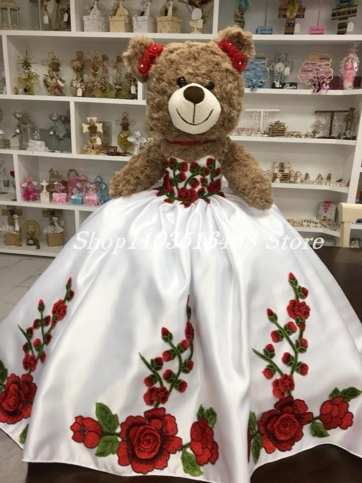 Personalised Quinceanera Teddy Bear Ivory 3D Floral Embroidery Crystal Beads Special Links