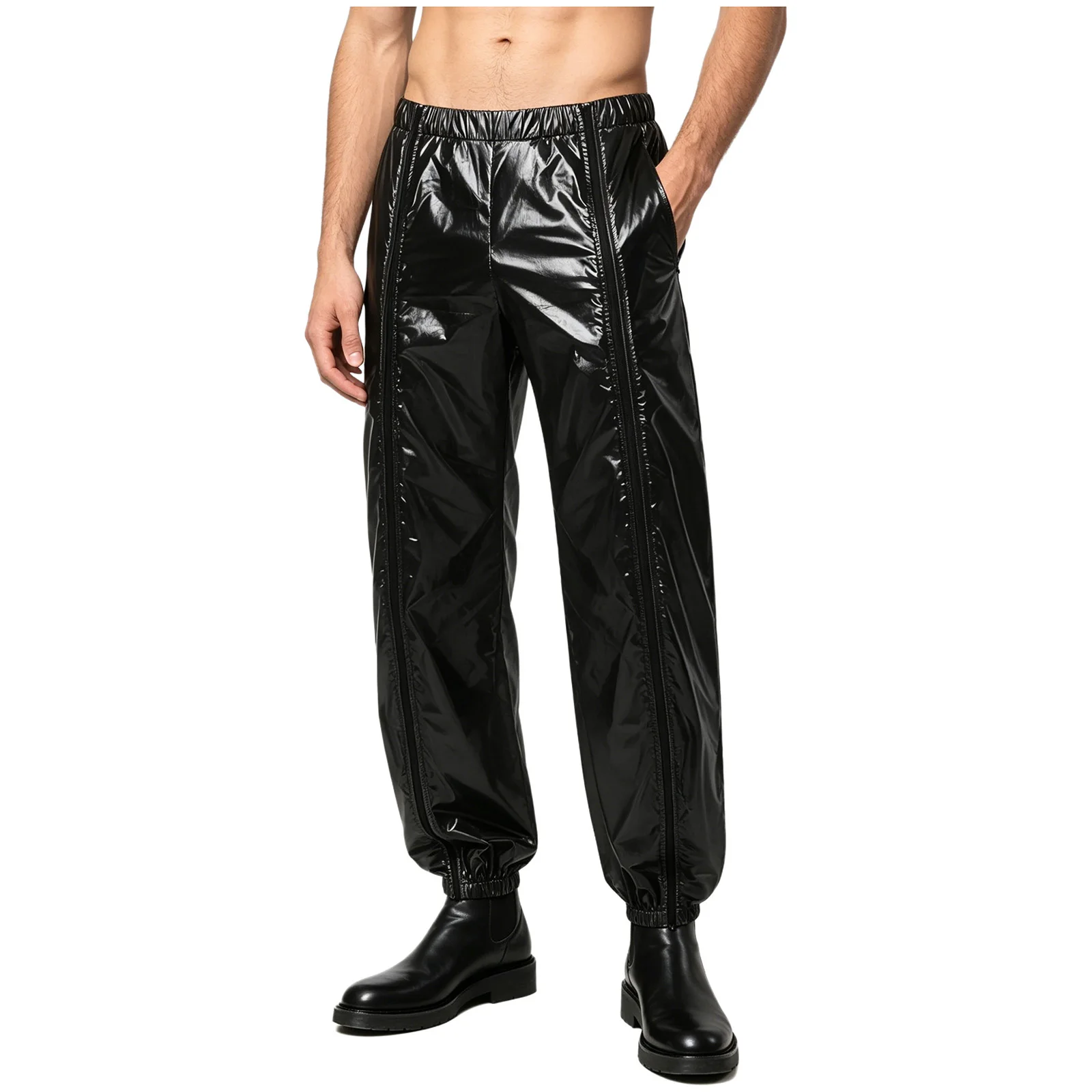 

Mens Vinyl Waterproof Reusable Pants Glossy Elastic Waistband Sides Pockets Zippers Trousers Rave Party Clubwear Workshop Wear