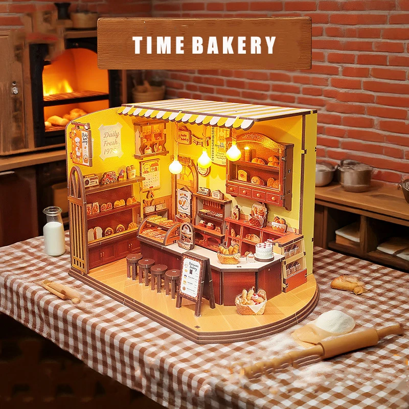 บ้านตุ๊กตาไม้รุ่นใหม่ ร้านเบเกอรี่จิ๋ว พร้อมชุดเฟอร์นิเจอร์ แบบประกอบ 3 มิติ ของเล่น DIY บ้านตุ๊กตาสำหรับเด็กและผู้ใหญ่ ของขวัญคริสต์มาส