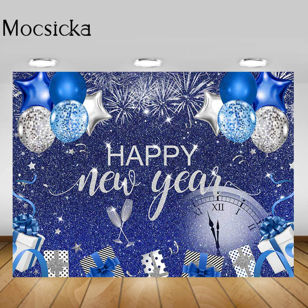 

Mocsicka Happy New Year Backdrop Glitter Blue Firework Balloon Family Portrait Photo Background New Year's Eve Party Decor Props