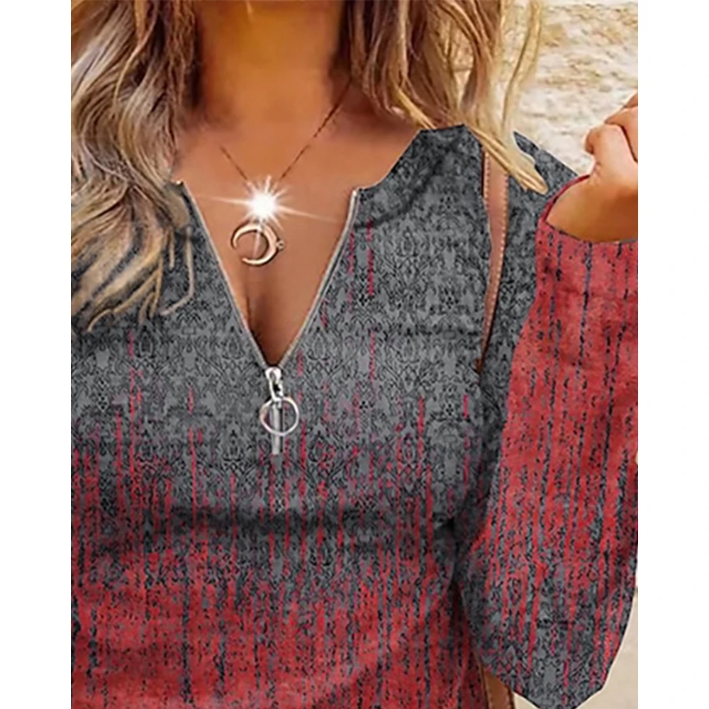 Korean Style Women Baroque Print Ombre V-Neck Casual T shirt Female Casual Long Sleeve Top Zipper Design Blouse Tee Clothing y2k