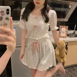 Floral Sleepwear Women Pajama Sets Teenage Girls Pijama Summer Korean Lace Bow Night Wear for Sleeping 2 Pieces Shorts Suit Home