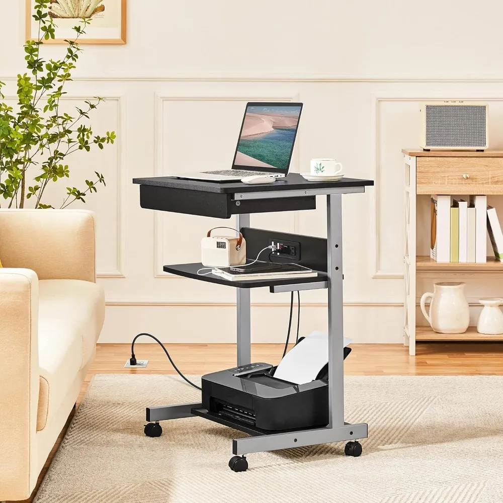 Premium 22 in Laptop Computer Table Home Office Desk with Power Outlet for Small Space, Mobile Compact Corner Workstation with