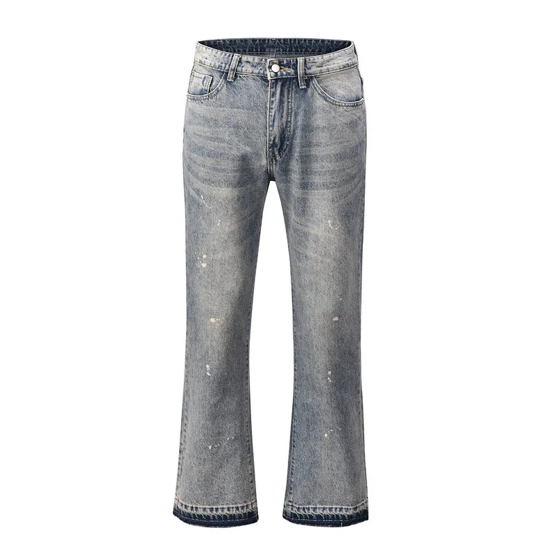 2026 New Light Blue Splashed Ink High Waist Flared Denim Jeans Washed Distressed Slim Fit Trendy Fashion Long Trousers