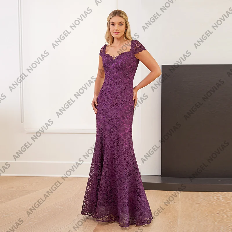 

Long Purple Lace Mother of The Bride Dresses Cap Sleeves Wedding Guest Dress Customized Vestido Madre Del Novia