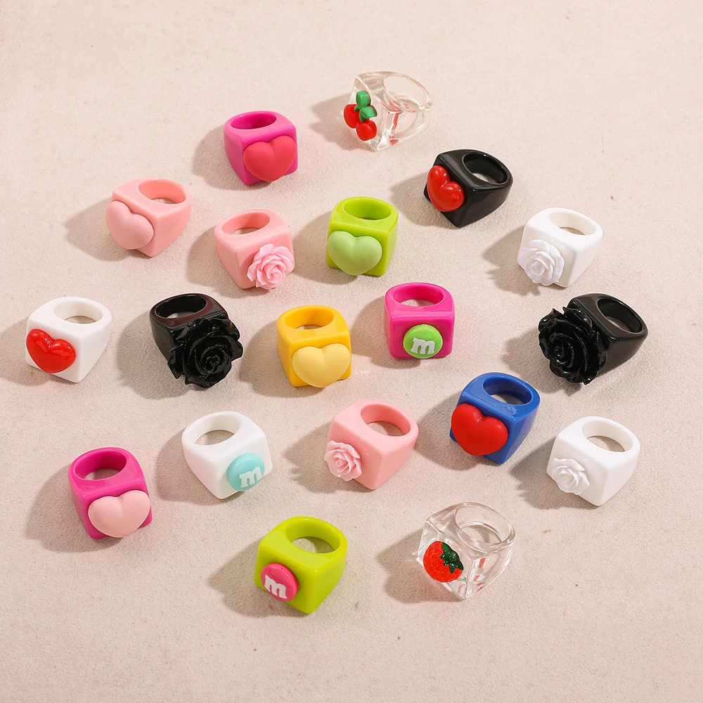 2024 New Trendy Geometric Square Round Resin Acrylic Chunky Rings for Women Girls Punk Style Knuckle Flower Rings Jewelry