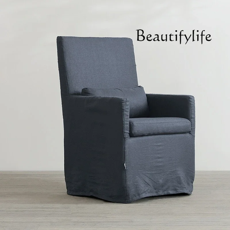

R American Country Retro High Backrest Cotton And Linen Fabric Armrest Dining Chair, Japanese Restaurant Linen Sofa Chair