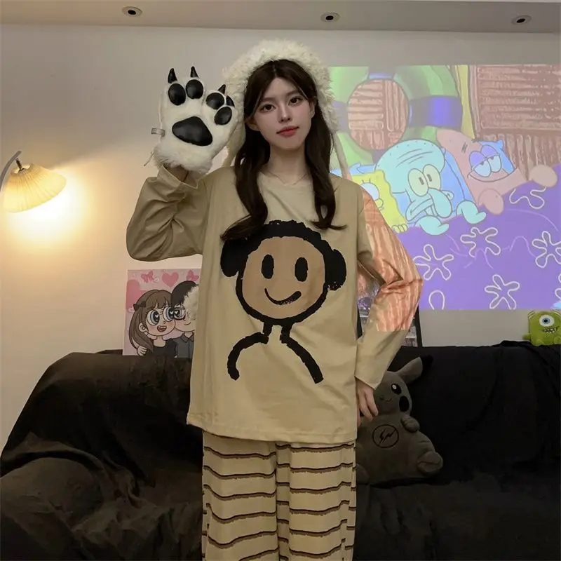 Women\'s Pajamas Set O-neck Sleepwear Casual Cartoon Top and Stripe Pants for Couple Home Suit Men Long Sleeve Nightwear Pajama