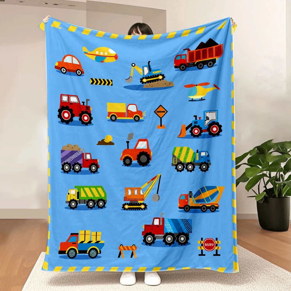 Construction Blanket，Cute Soft Small Truck Car Blankets Comfy Fleece Flannel Plush Blue Throw Blankets Gifts