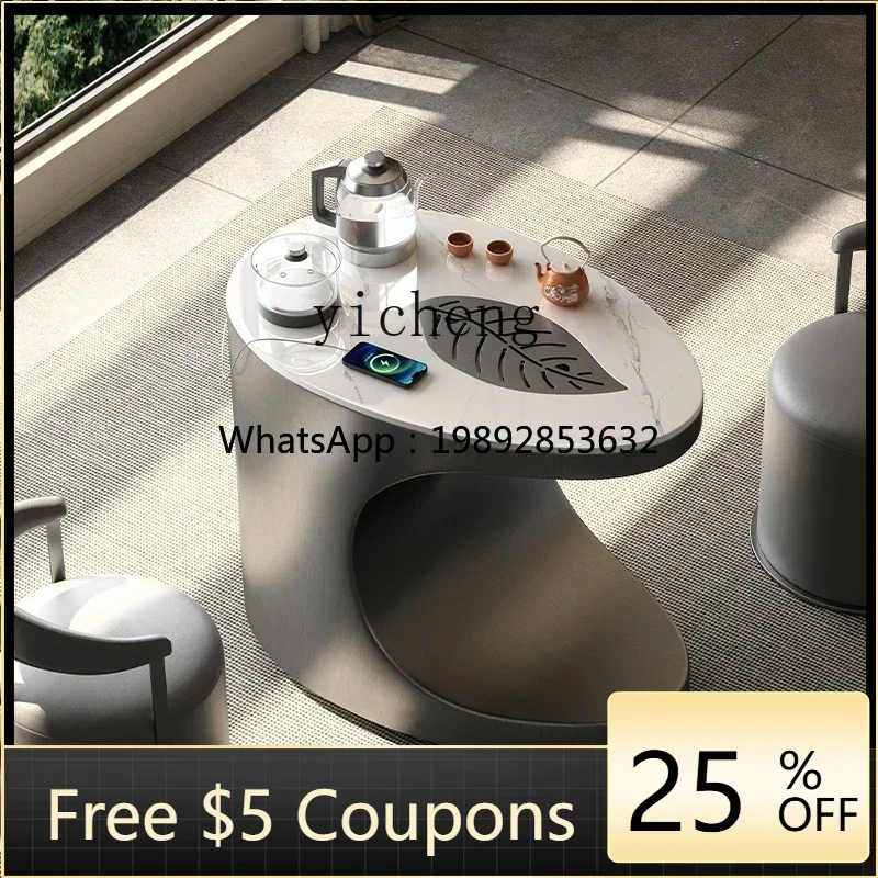

Z1 rock slab tea table light luxury minimalist tea table and chair combination balcony movable small tea cart USB charging
