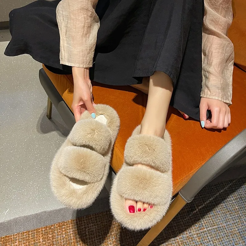 

Fashion Women Faux Fur Slides Platform Flat Chunky Heel Fluffy Furry Slippers Winter Footwear Comfortable Ladies Shoes Female