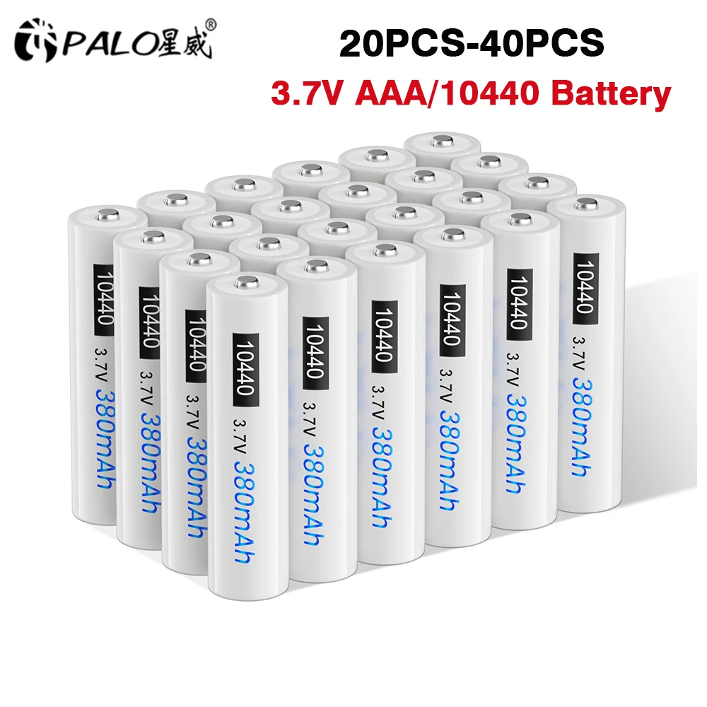 PALO 20-40pcs 10440 Battery 380mAh Top Button 3.7V 10440 Rechargeable Lithium Battery AAA 3A Rechargeble li-ion batteries