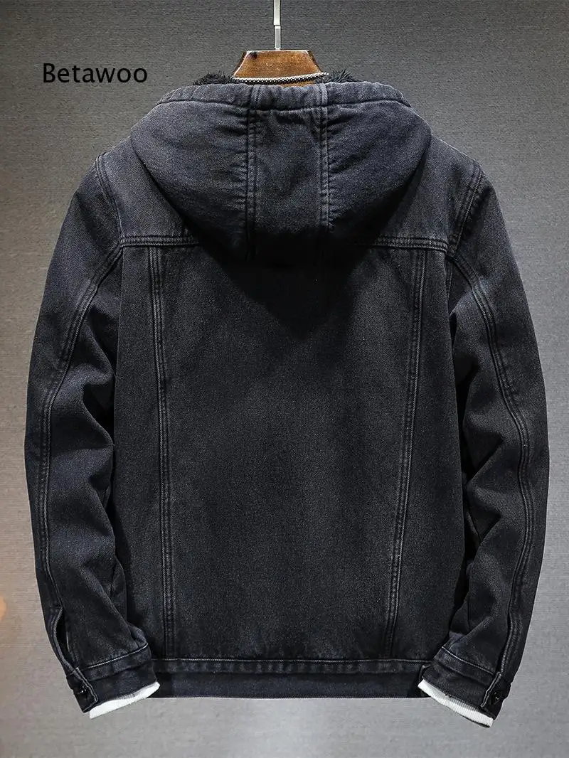Men Thickened Warm Denim Jacket Hooded Faux Lamb Fleece Integrated Plush Outerwear For Young Male Daily Outfits In Cold Winter D
