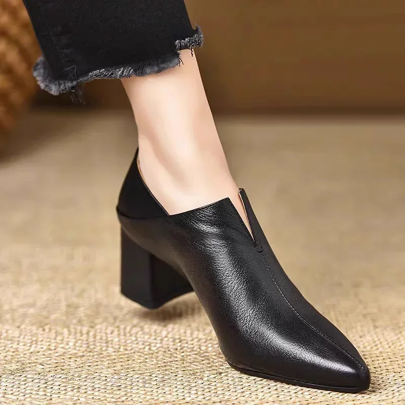 

Women's Shoes Spring Comfortable Soft Leather High Heels Fashion Pointed Toe Chunky Heel Women Shoes New Versatile Single Shoes