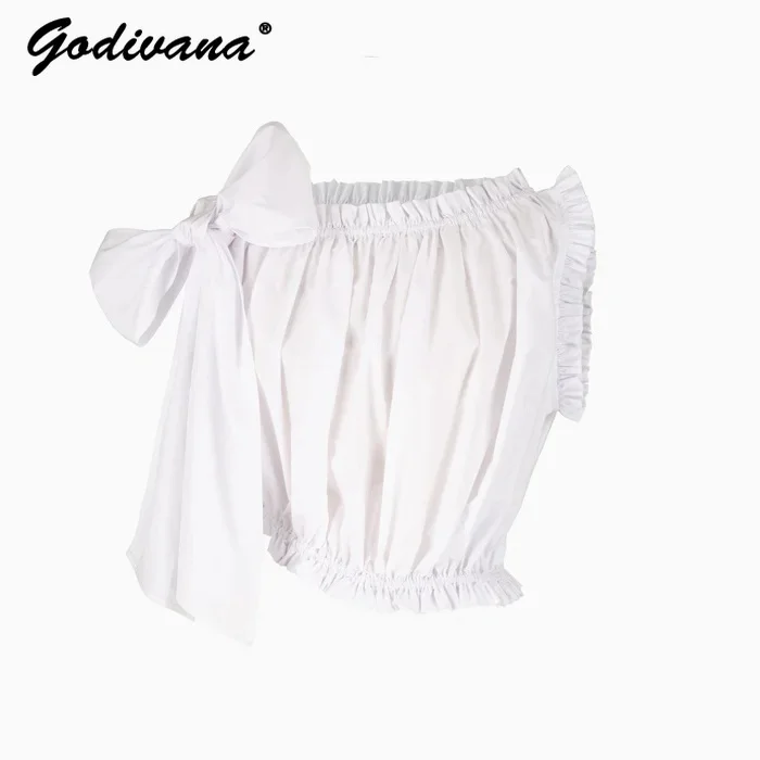 Japanese New Summer Women's Personalized Off-the-shoulder Pleated Fungus Bow Asymmetrical Short Top Black and White Shirt Blouse