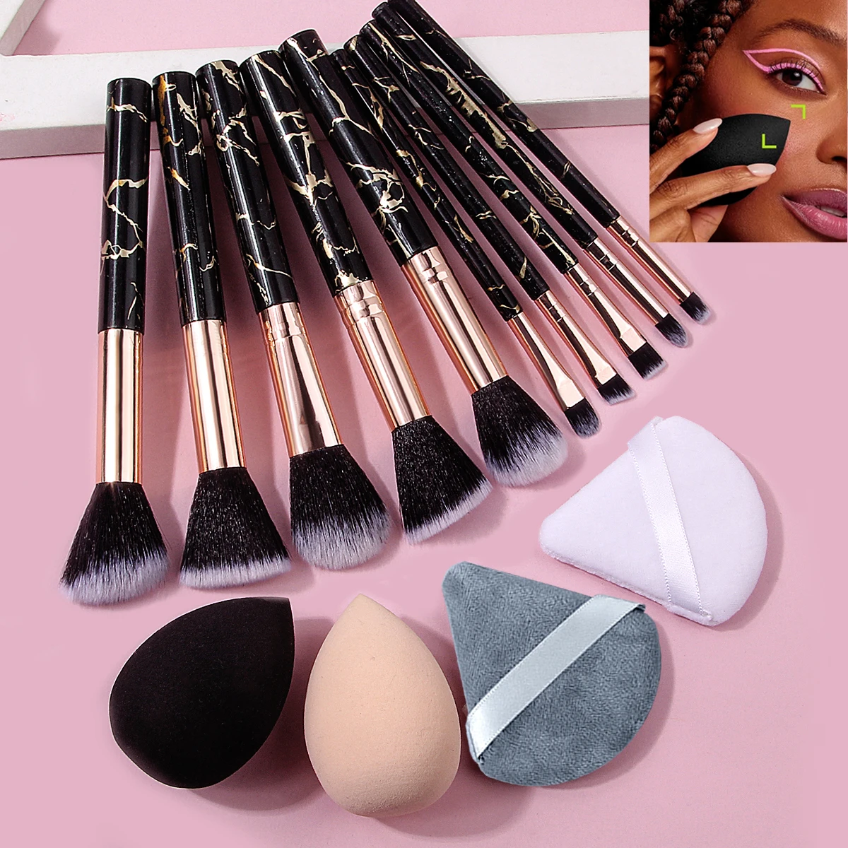 Conjunto de pincéis de maquiagem de alta qualidade, 14 peças, incluindo conjunto de pincéis faciais com textura de mármore e conjunto de sopro de pó de esponja de maquiagem sem entupimento