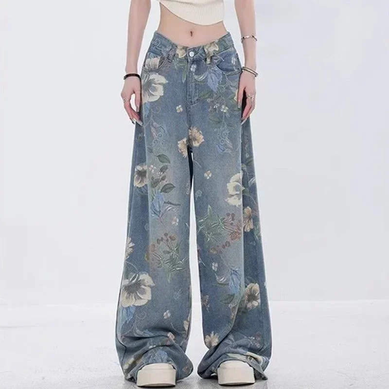 

Vintage Printed Jeans Women Fashion New Floral Korean Hip Hop Denim Trousers Autumn Loose Casual Wide Leg Y2K high Street Pants