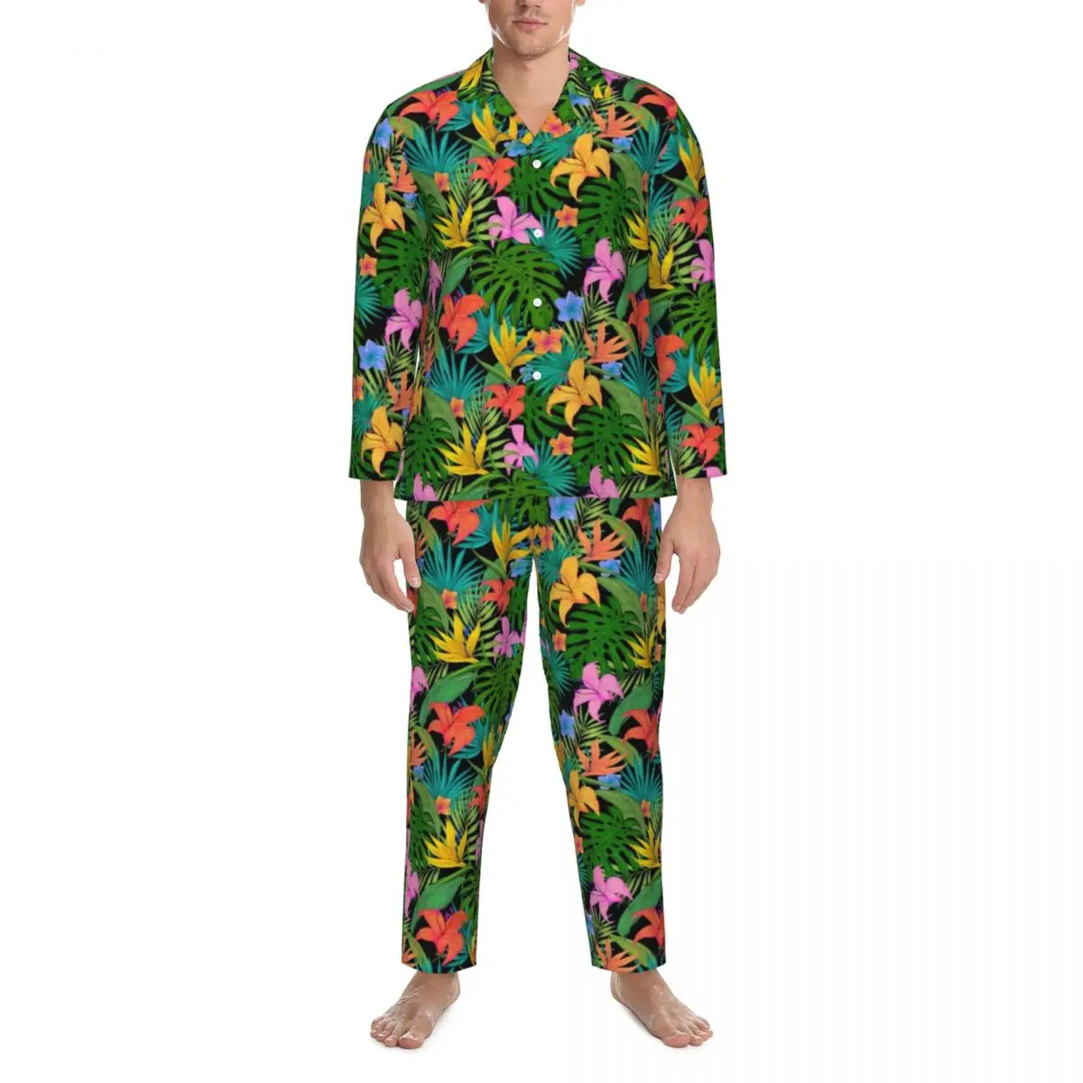 

Colorful Bright Flowers Pajama Sets Autumn Palm Leaves Print Soft Sleep Sleepwear Unisex 2 Piece Vintage Oversized Nightwear