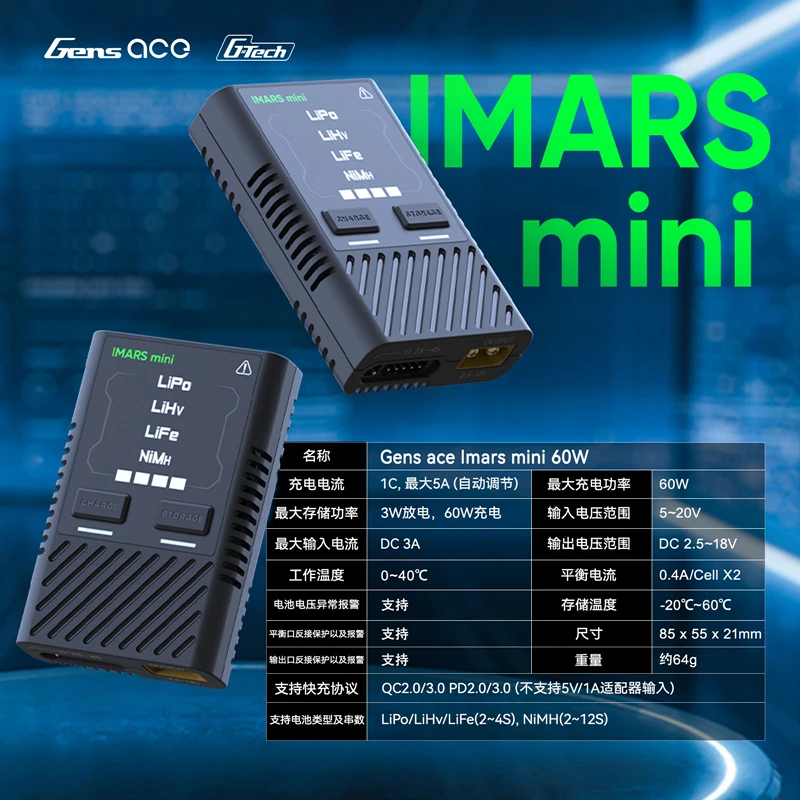 HOT Gens Ace IMARS Mini Balance Charger 2-4S Lipo Battery Smart Charging G-TECH For Lipo LiHv LiFe NiMH QC PD USB-C RC FPV Drone view 2