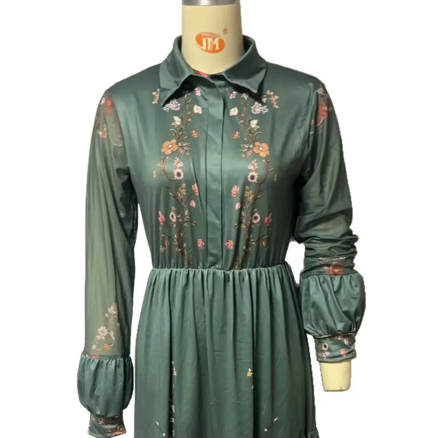 ยุโรปอเมริกันผู้หญิงแขนยาวพิมพ์ชุดยาวเสื้อ Maxi Dress