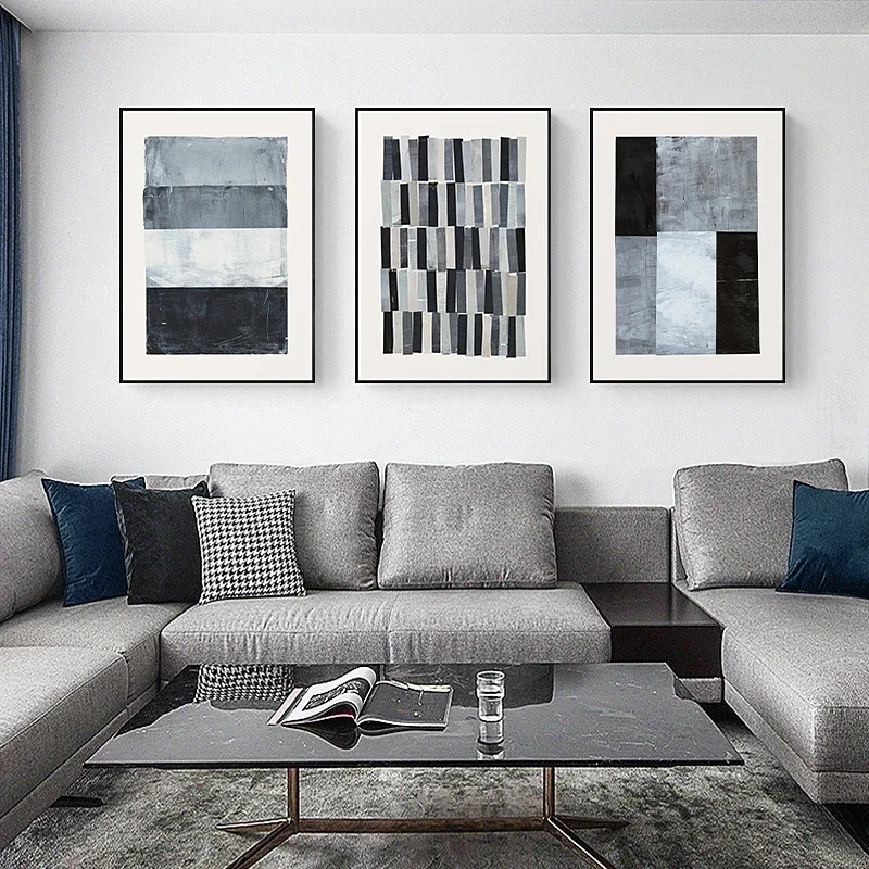 Mosaic Pattern Blue Gray Color Block Wall Art Canvas Painting Abstract Art Poster Prints Home Decor Watercolour Brush Stroke Art