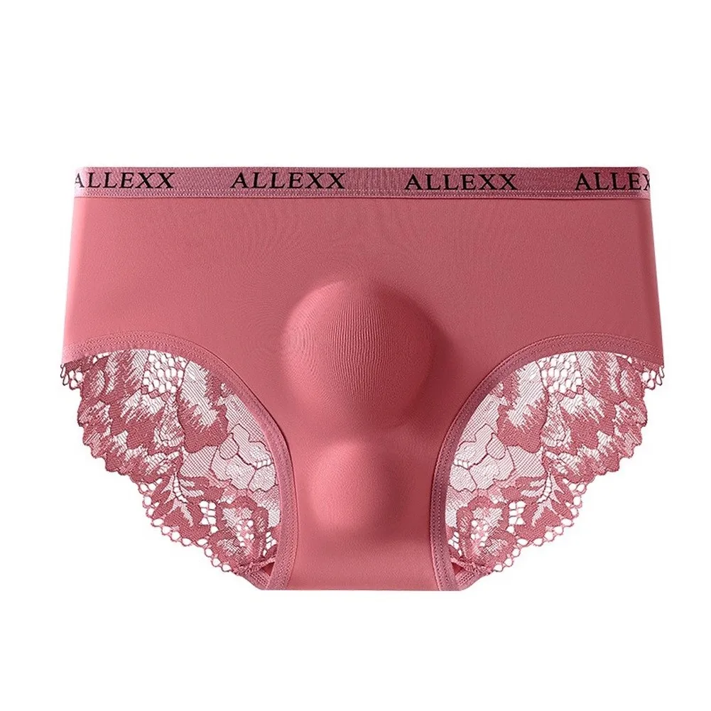 Men Lace Lace Trim IceSilk Briefs Underwear 3D Bulge Pouch Solid Underpants Smooth Panties Elastic Male Underpants For Intimate
