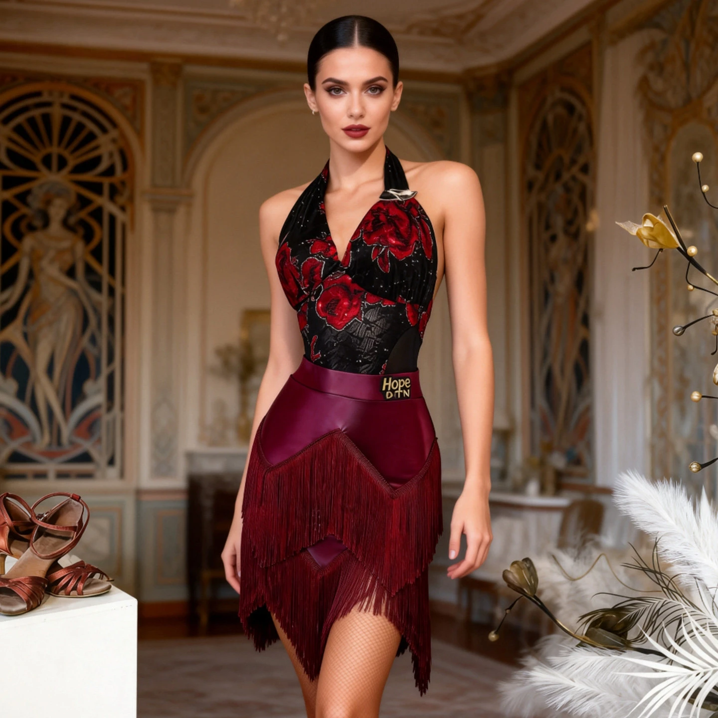 

Новое латинское танцевальное платье 2026 года: сексуальный боди-комбинезон с вырезом халтер и розами, юбка с бахромой, костюм для соревнований по самбе и ча-ча-ча для взрослых женщин