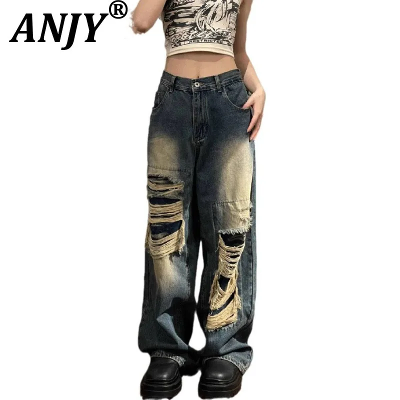 

ANJY, осенние новые женские рваные модные джинсы в американском стиле, модные винтажные широкие прямые уличные джинсовые брюки A12217
