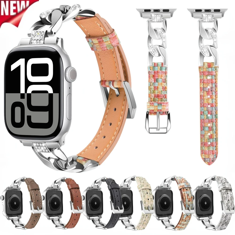 Cinturino in metallo + pelle per Apple Watch 11 10 46mm 45mm 44mm 42mm 49mm 40mm 41mm Bracciale con diamanti cinturino iWatch Ultra3 9 8 7 SE Corea