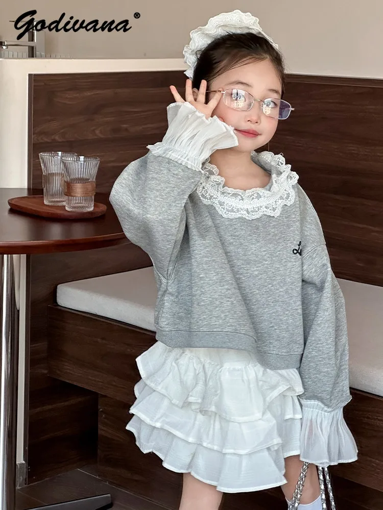 

Sweet Little Girls Cute Ruffle Cuff Sweatshirt New Spring 2026 Korean Mesh Patchwork Crew Neck Top and White Layered Skirt Sets
