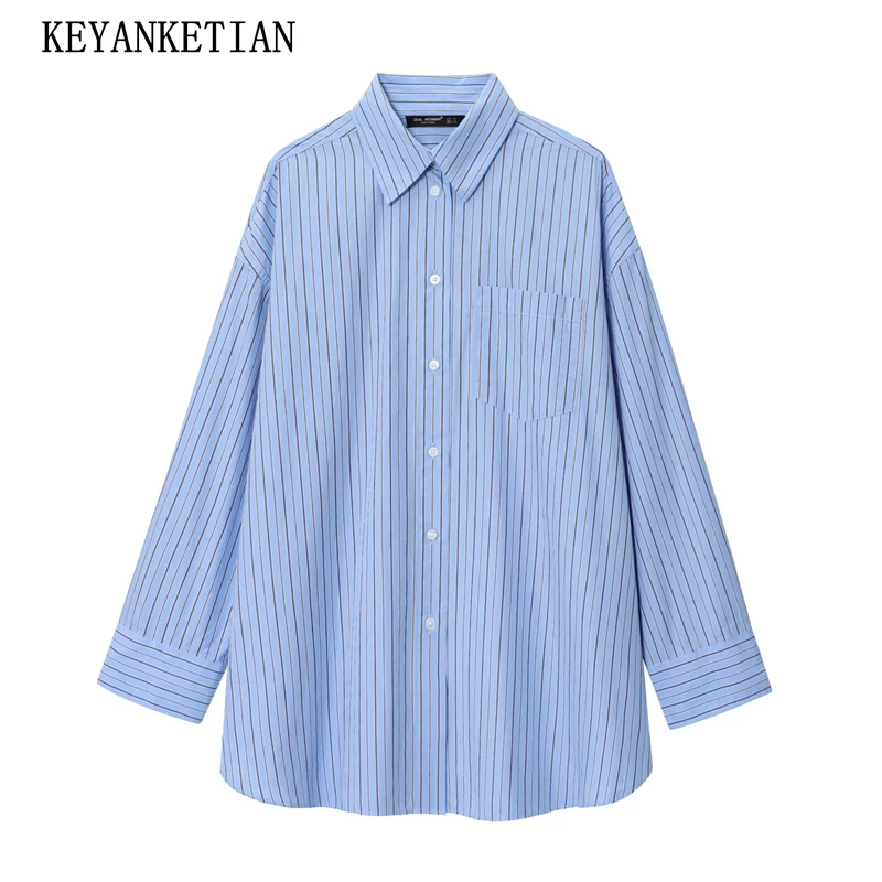 

KEYANKETIAN 2025 Autumn New Women's Blue Striped Shirt Unisex style Turn Down Collar Long Sleeve Single Breasted Blouses Top