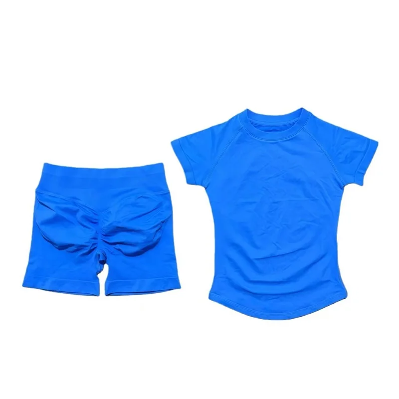 2-delige sportgymset voor dames, naadloos gebreide yogatop met korte mouwen, fitnessset, workout, hardlopen, sport, korte leggings, pak - afbeelding 2